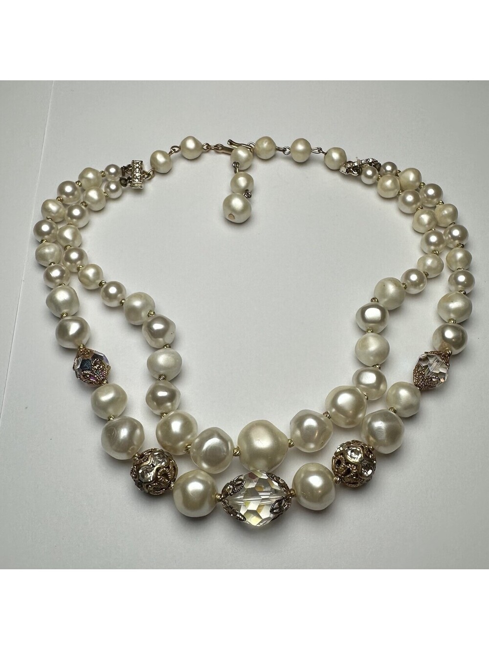 Double Strand Faux Pearl Rhinestone Faceted Crystal Choker Necklace Vintage